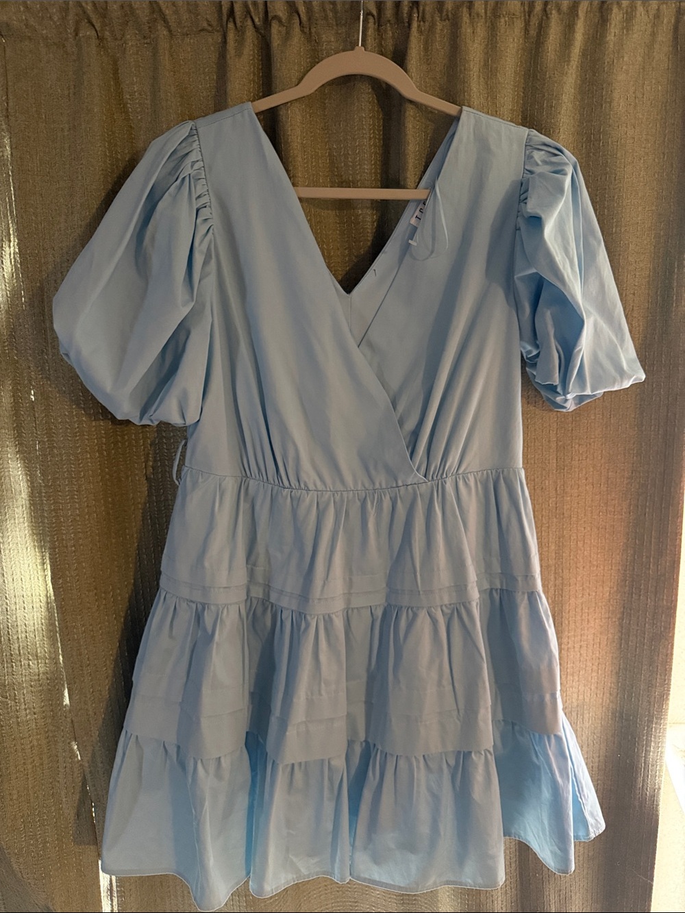 TCEC Sky Blue Puff Sleeve Tiered Wrap Dress